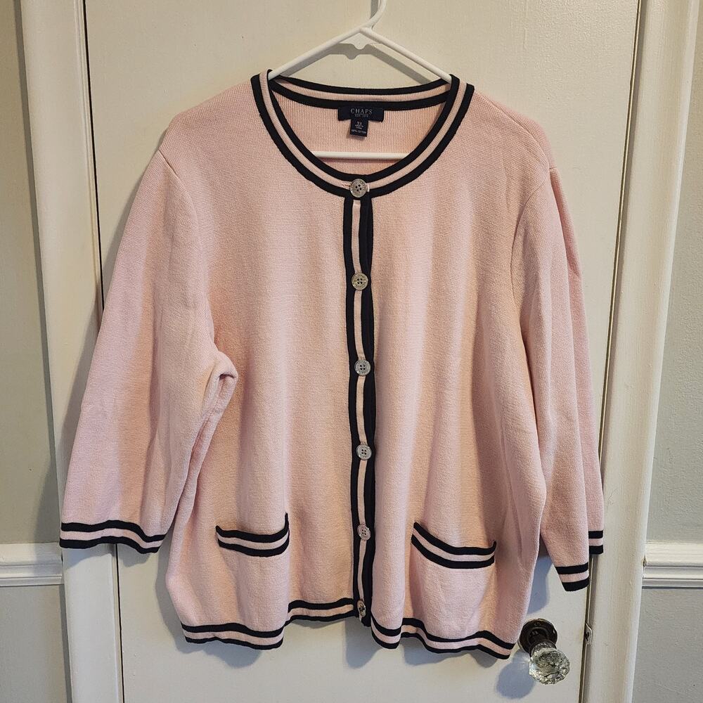 Chaps Cardigan Sweater Women's 3X Pink Black Trim Cotton Jacket Preppy Old Money